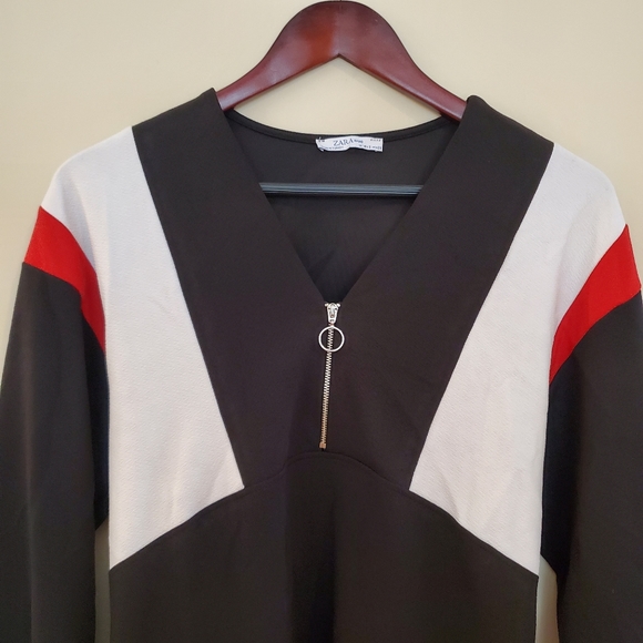 Zara Colorblock Shift Drees Long Sleeve Black Red White Size Small - Picture 3 of 9